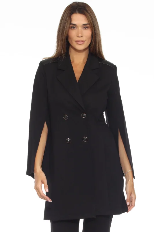 Joseph Ribkoff Black Double-Breasted Split Cuffs A-Line Coat 243078 Vest Waistcoat Gilet