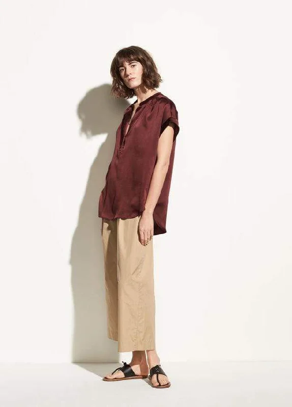 Shirred  Silk Pullover in Black Cherry Puff Sleeve Stylish