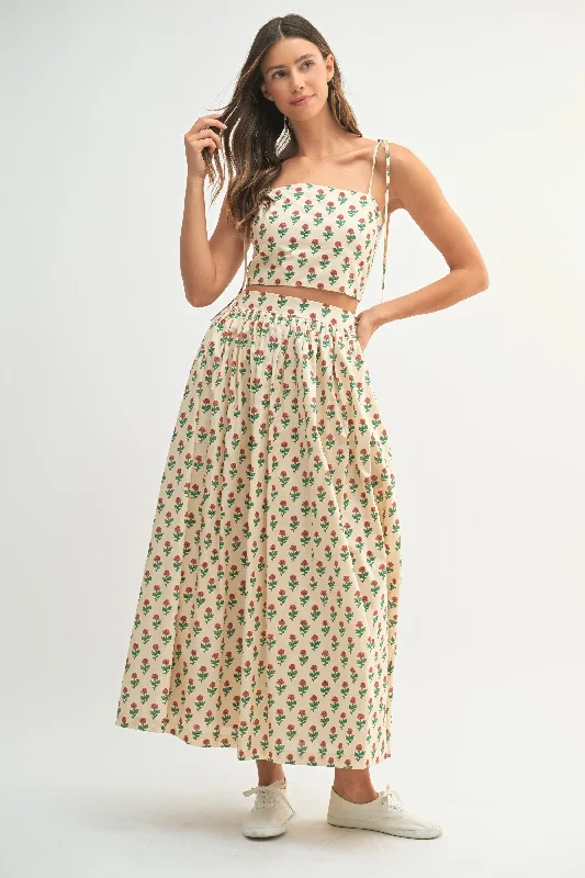 Clara Floral Skirt & Crop Top Set, Cream Spandex Blend Rayon Blend Denim Blend