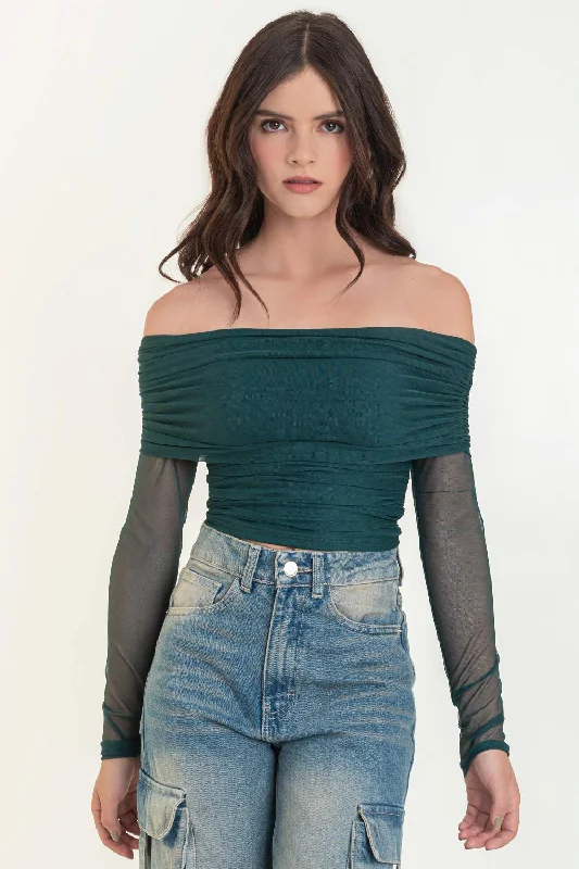 Crop top de mesh hombros descubiertos Rayon Fabric Velvet Fabric Corduroy Fabric