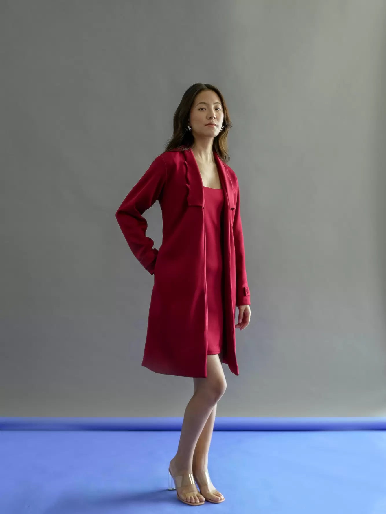 Solid Casual Notched Lapel Coat Red set Trench Raincoat Windbreaker