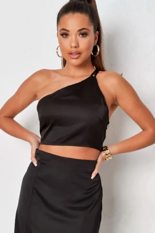 One Shoulder Satin Crop Top Spandex Blend Rayon Blend Denim Blend