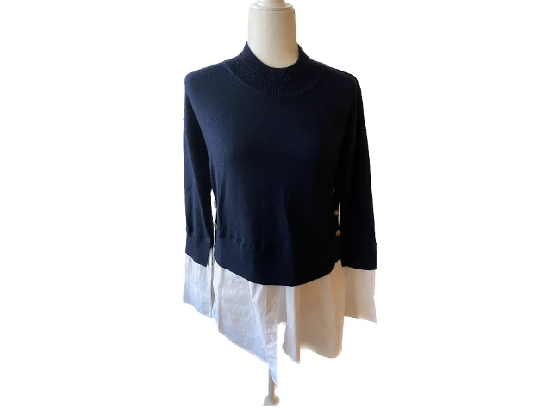 Veronica Beard Beri Mixed Media Pullover Sweater Plunging Neck Pullover