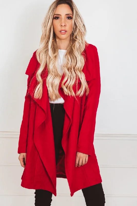 Draped Collar Coat - Red Chenille Brocade Lace
