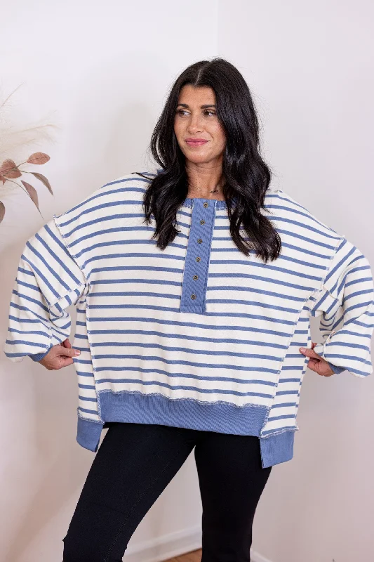 Modern Blue Striped Pullover Boxy Neck Sweater