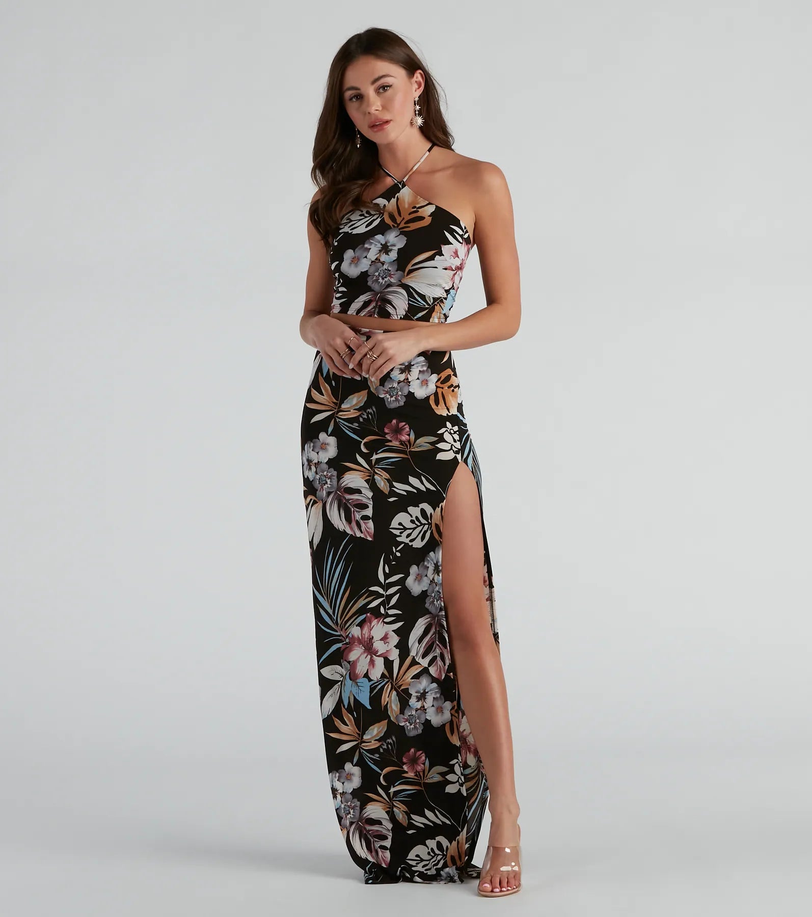 Ticket To Paradise Halter Crop Top Asymmetrical Pockets Print
