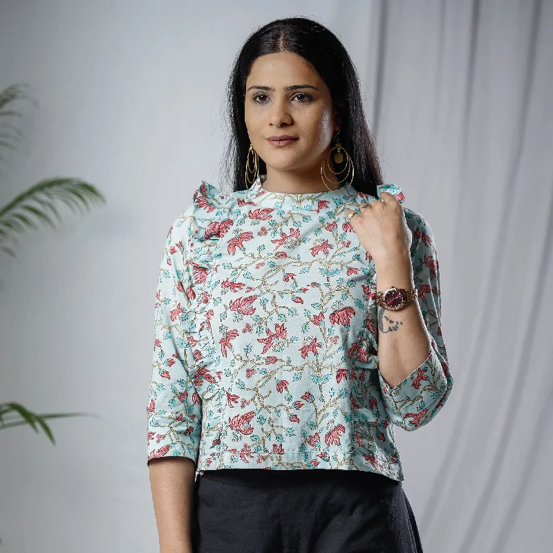 Sky Blue - Sanganeri Hand Block Prints Full Sleeve Cotton Crop Top Real Fur Shearling Chenille Sky Blue - Sanganeri Hand Block Prints Full Sleeve Cotton Crop Top Real Fur Shearling Chenille
