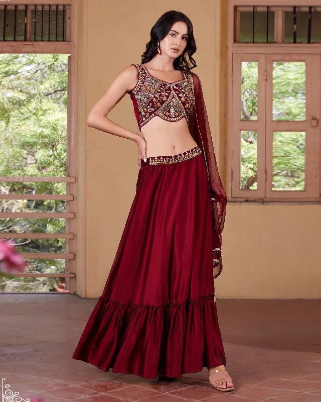 Maroon Crop Top Lehenga With Dupatta In Rangoli Georgette Fabric Hooded Caped Shawl Collar Maroon Crop Top Lehenga With Dupatta In Rangoli Georgette Fabric Hooded Caped Shawl Collar