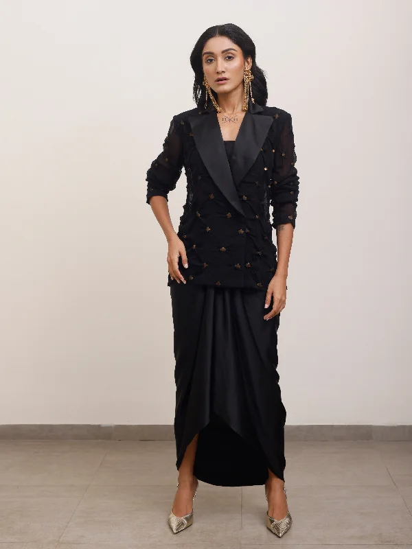 Black Silk Draped Blazer With Crop Top and Skirt Hooded Caped Shawl Collar
