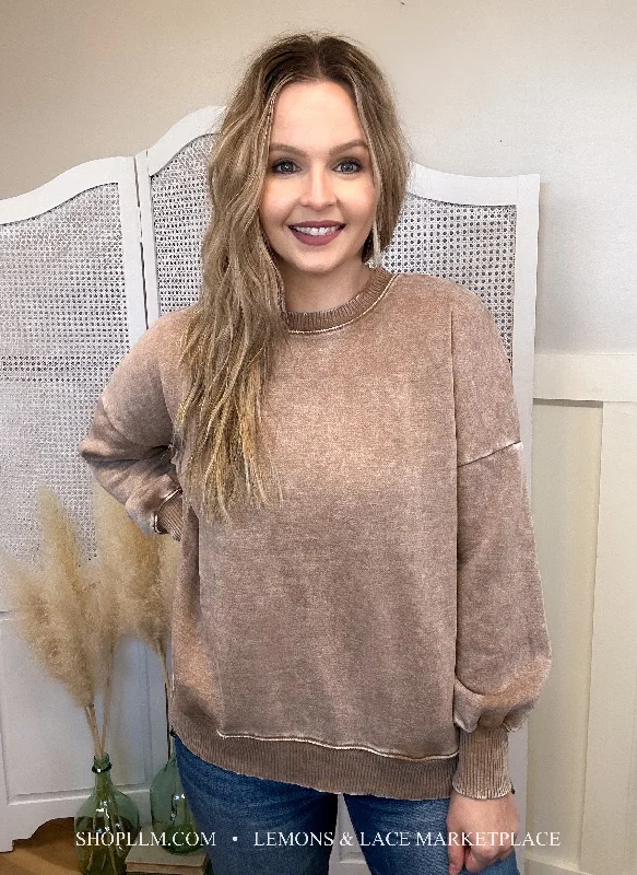 Camel Acid Wash Hi-Low Fleece Pullover Asymmetrical Neck Pullover