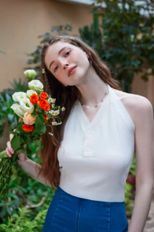 Halter Neck Button Open Front White Crop Top Zippered Front Buttoned Front Snap Front
