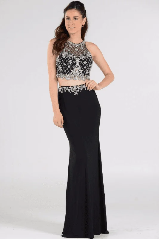 Long Two-Piece Dress with Beaded Crop Top by Poly USA 7926 Print Jacquard Patchwork