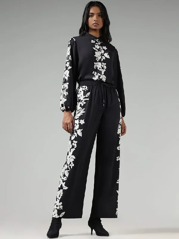 Wardrobe Black Floral Printed Wide-Leg Trousers Trousers Vintage Classic