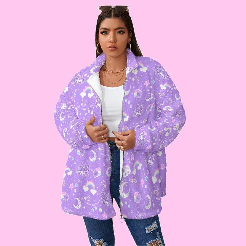Rainbow Stardust Unicorn Friends Women's Oversized Fuzzy Fleece Coat With Zipper Three-Quarter Sleeve Elbow Sleeve Wrist Sleeve Rainbow Stardust Unicorn Friends Women's Oversized Fuzzy Fleece Coat With Zipper Three-Quarter Sleeve Elbow Sleeve Wrist Sleeve