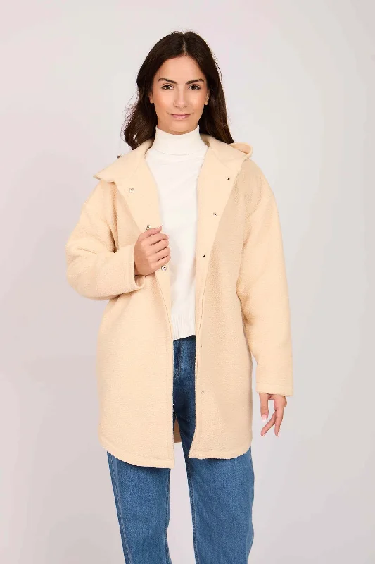 Women Hooded Sherpa Loose Coat Off White Pleated Ruffled tiered