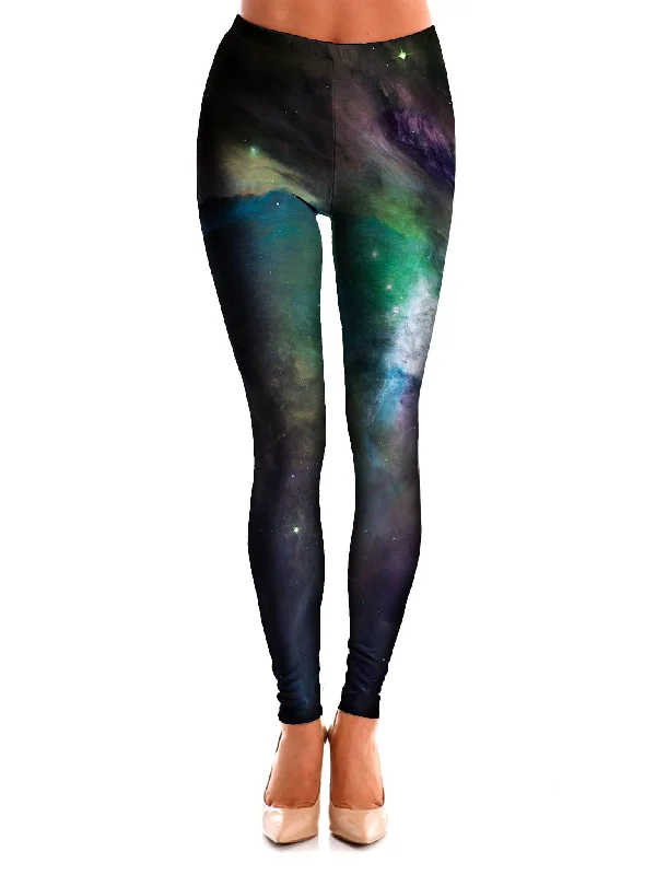 Galactic Green Galaxy Space Leggings Trendy Side-Pocket Leggings