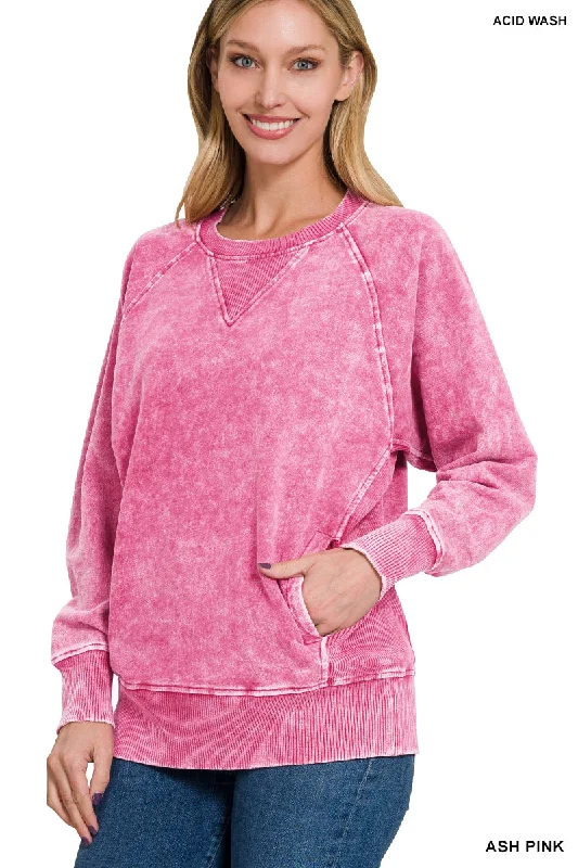 Ash Pink Acid Washed French Terry Pullover Boyleg Sleeve Pullover