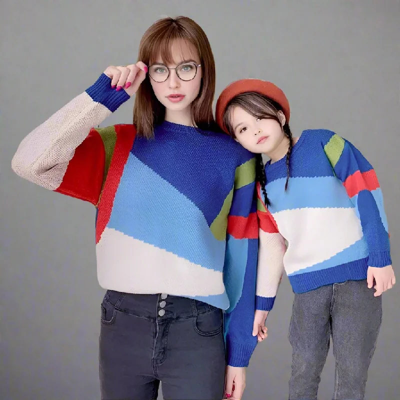 Matching Color-Block Knit Sweaters  Vibrant Family Pullover for Mom and Kids Faux Fur Trim
