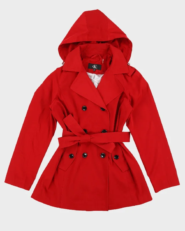 Calvin Klein Red Double Breasted Hooded Coat - M Solid Print Jacquard