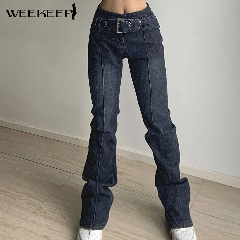 Weekeep High Waist Casual Straight Jeans With Belt Women Streetwear Elastic Denim Pants Autumn Trousers Harajuku Korean Vintage Chinos Cotton Straight Leg
