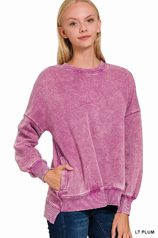 Plum Acid Wash Hi-Low Fleece Pullover Short Sleeve Top