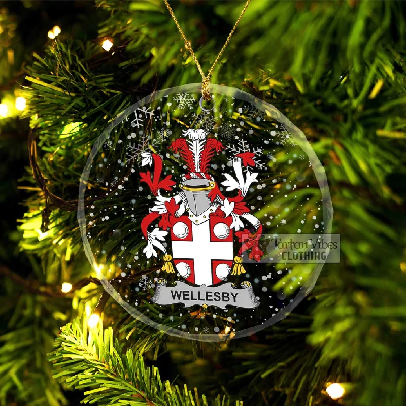 Wellesby Irish Clan Christmas Glass Ornament with Coat of Arms Bomber Denim Leather