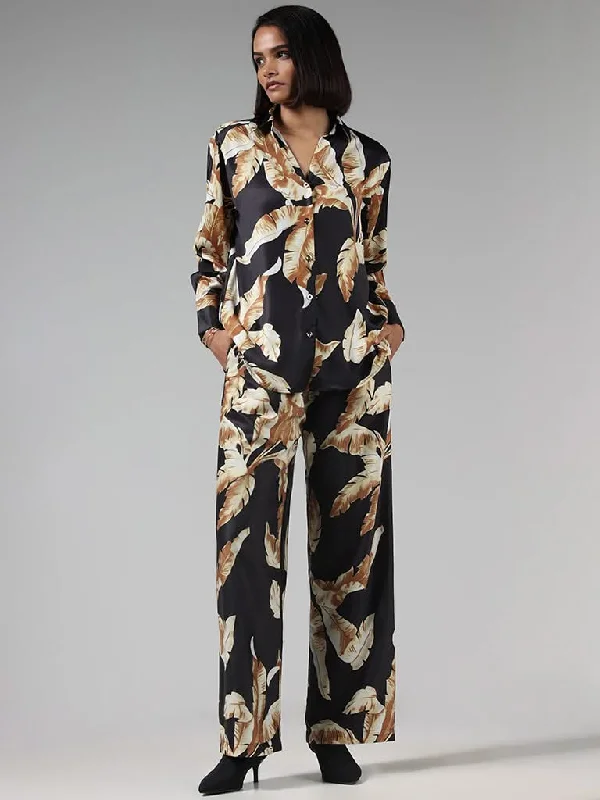 Wardrobe Black Leaf Printed Trousers Trousers Fall Fleece