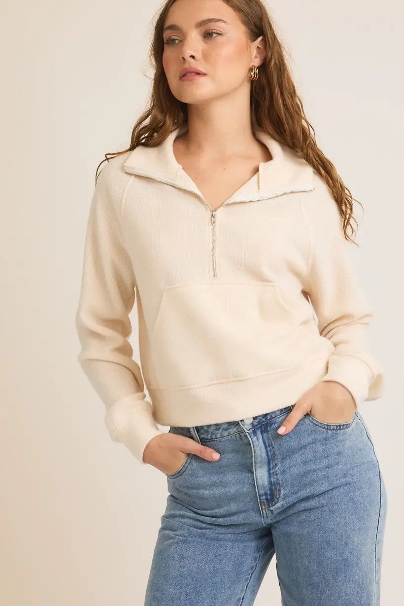 HIGH NECK HALF ZIP PULLOVER LONG SLEEVE TOP Jewel Neck Pullover
