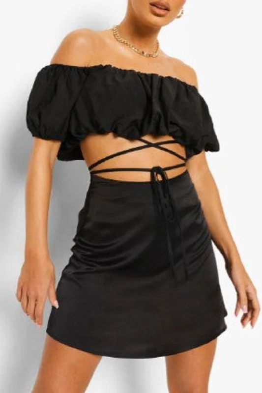 Black Woven Off The Shoulder Tie Waist Crop Top Terry Blend Velvet Blend Canvas Blend