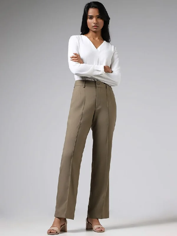 Wardrobe Solid Khaki Seam Detail Trousers Trousers Modern Contemporary