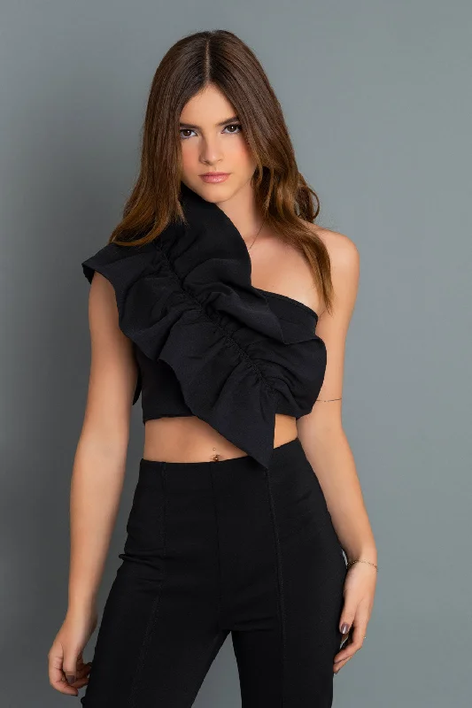 Crop top asimétrico con detalle olanes Fleece Fabric Down Fabric Feather Fabric