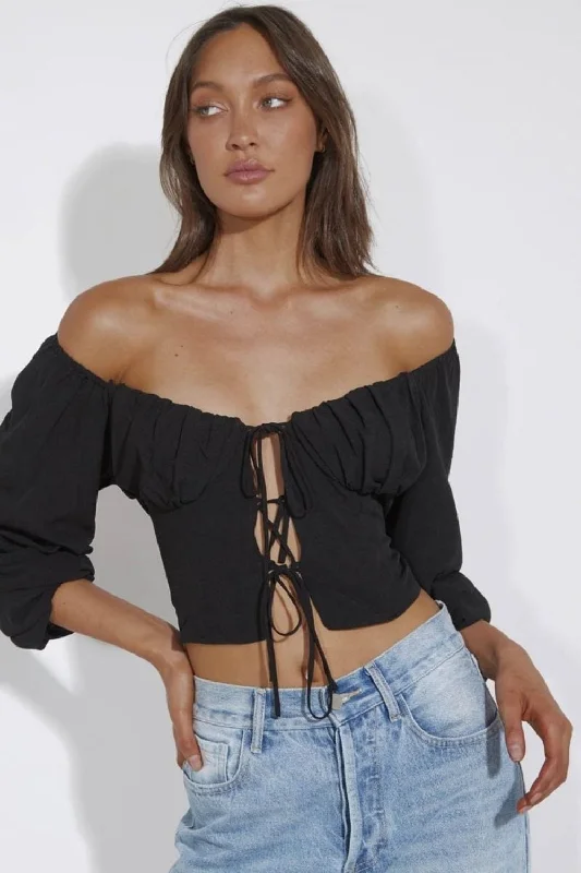 Detailed Front Black Crop Top Chenille Brocade Lace