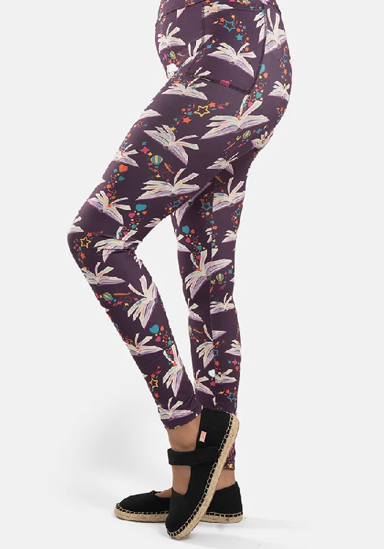 Rene Purple Book Print Popsy Leggings Elegant Casual Fit Leggings