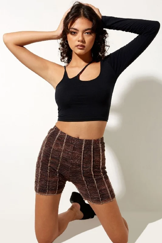 Black Asymmetric Shoulder Sleeve Crop Top Houndstooth Herringbone Solid