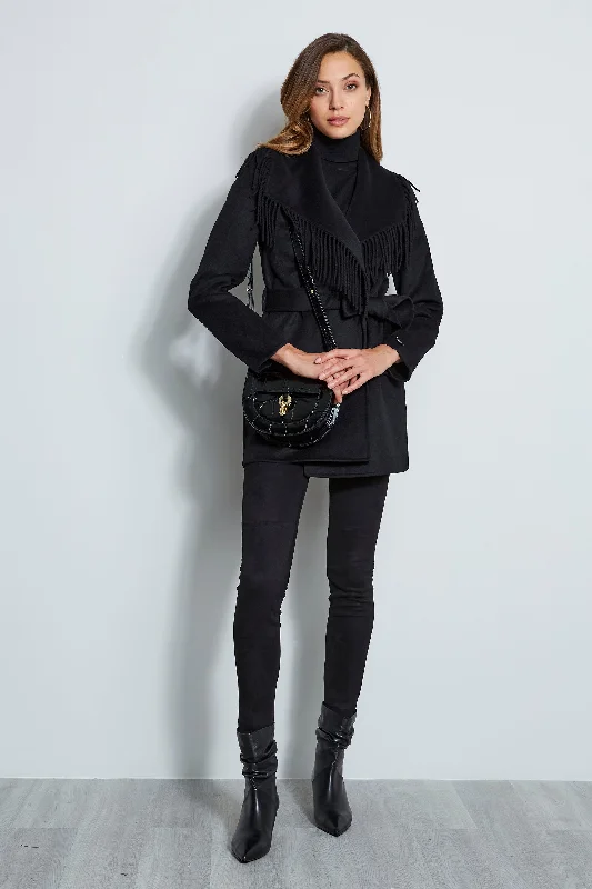 Tahari Fringe Double Face Wool Blend Coat Crew Neck V-Neck Boat Neck