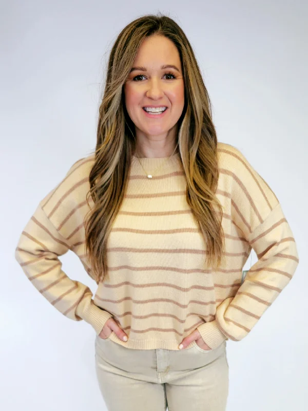 STRIPED LONG SLEEVE PULLOVER - MOCHA Boat Neck Sweater