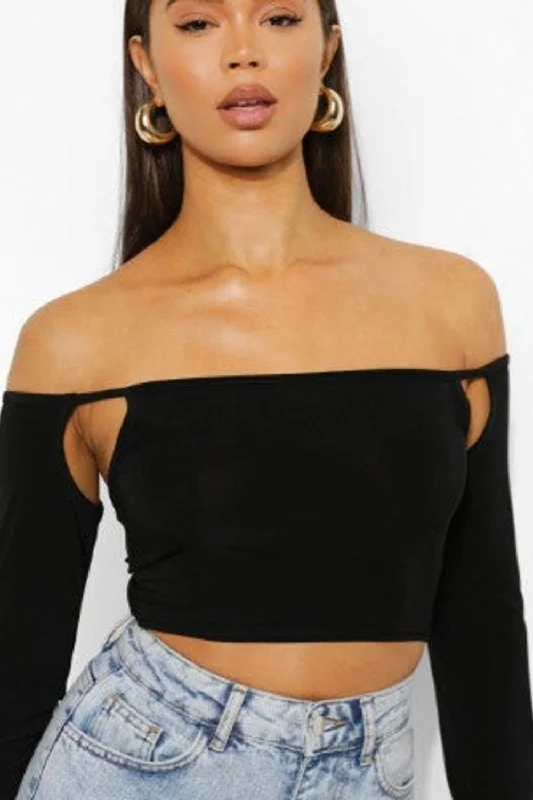 Black Off Shoulder Slinky Crop Top Anti-Shrink Durable Soft
