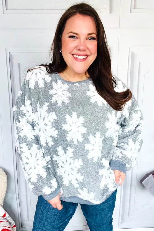 Season Greetings Silver Puffy Snowflake Sherpa Pullover Boat Neck Sweater
