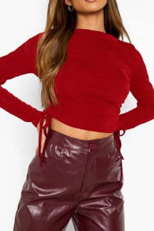 Maroon Ruched Crop Top Striped Floral Plaid