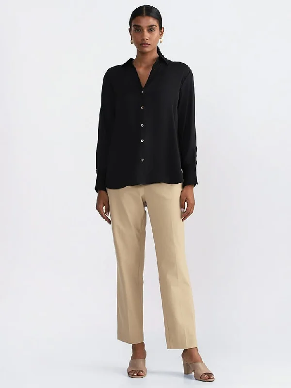 Wardrobe Solid Beige High-Rise Trousers Trousers Business Professional