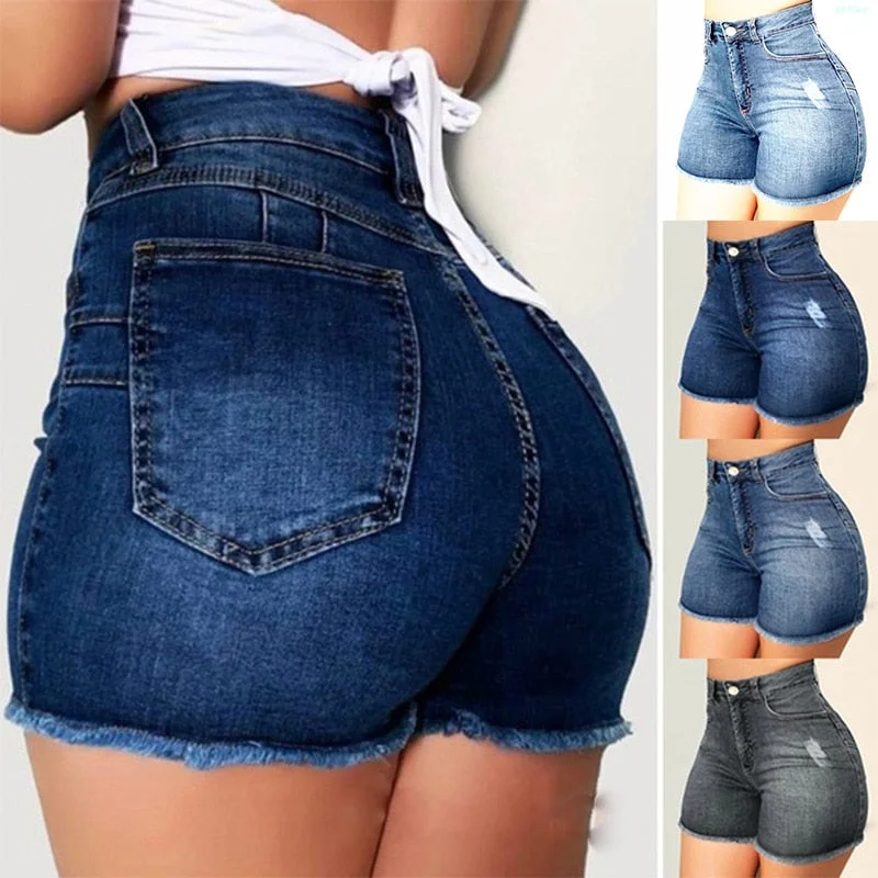 Women High Waist Scratched Shorts Jeans Girls Ladies Denim Shorts Sexy Casual Push Up Skinny Short Pants Trousers Trousers Elastic Waist Soft