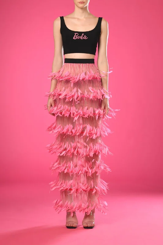 Crepe crop top with feathered skirt Print Jacquard Patchwork