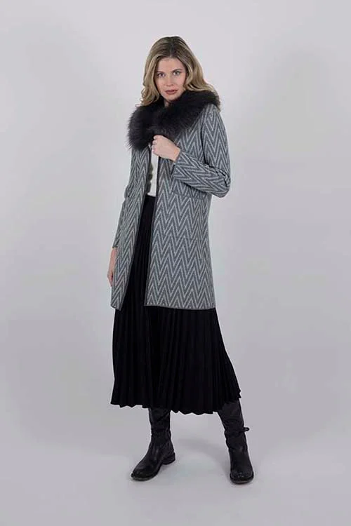 OST DUCHESS CHEVERON COAT REMOVABLE FAUZ COLLAR – DOUBLE SIDED Pleated Ruffled tiered OST DUCHESS CHEVERON COAT REMOVABLE FAUZ COLLAR – DOUBLE SIDED Pleated Ruffled tiered