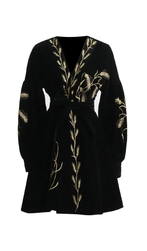 CINESSD PLANTS EMBROIDERED VELVET COAT DRESS Pockets Sleeves Lining