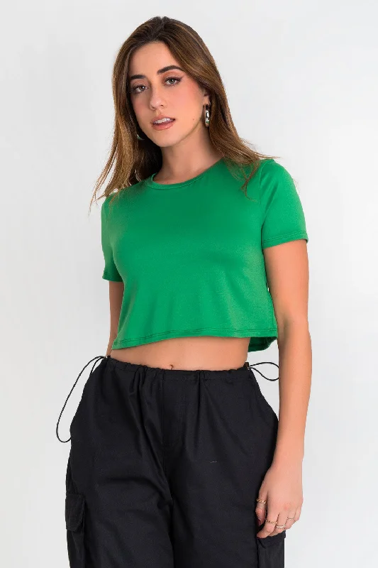 Crop top manga corta Solid Color Striped Floral