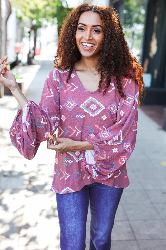 Boho Vibes Elastic Long Sleeve Aztec Print V Neck Pullover Turtleneck Warm Pullover