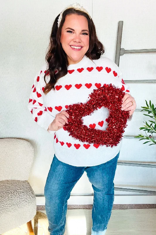 Be Mine White Jacquard Heart Stripe Pullover Sweater Polo Neck Sweater