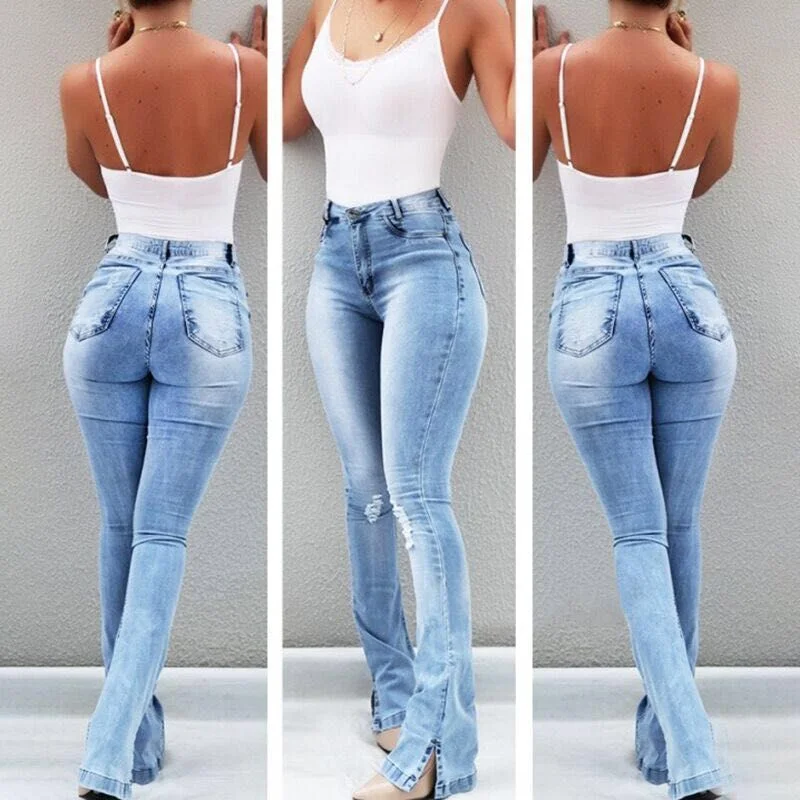 Stretch Flare High Waist Jeans Trousers For Women High Waist Slim Fit Ankle Length