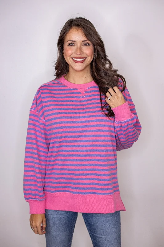 Striped Charm Pink Knit Pullover Slit Sleeve Stylish