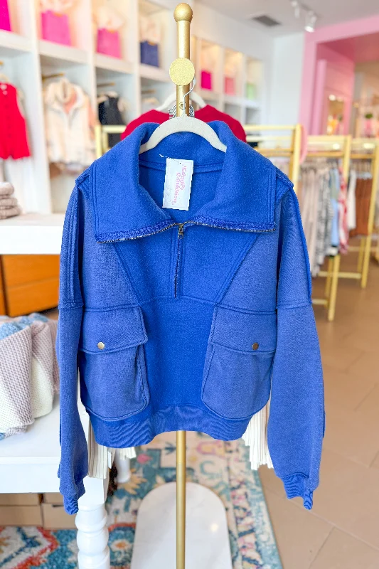 Blue Fleece Oversized Pullover Flutter Sleeve Feminine